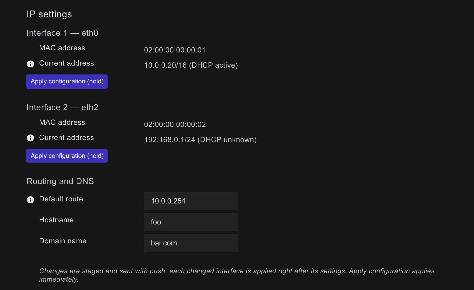 The IP settings card of an RDM device: two interface blocks with MAC address, Current address and Apply configuration, and the Routing and DNS block with Default route, Hostname and Domain name