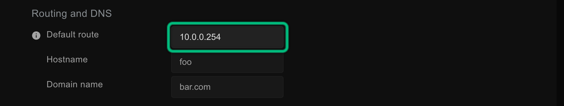 The Default route field, highlighted, in the Routing and DNS block