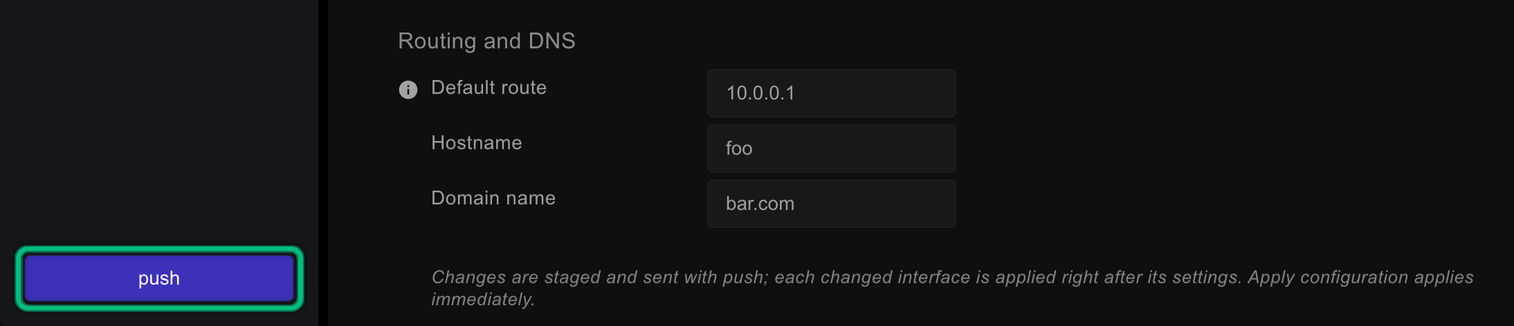 The push button, highlighted, at the bottom of the sidebar, with pending changes in the IP settings card