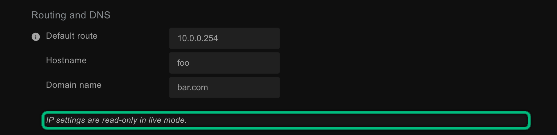 The IP settings card in Live mode, with the fields dimmed and the line IP settings are read-only in live mode highlighted