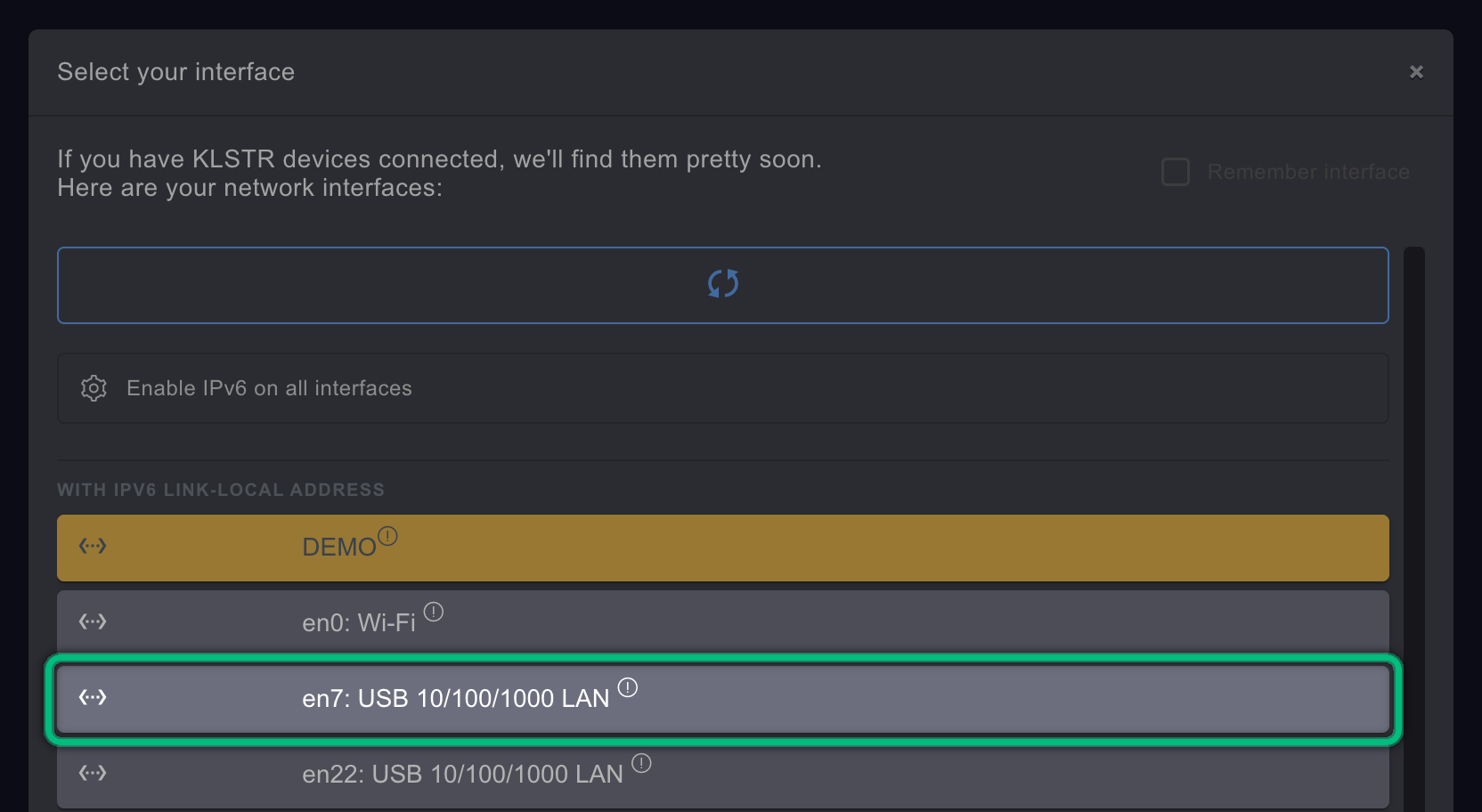 The wired interface en7: USB 10/100/1000 LAN, highlighted, under With IPv6 link-local address in the interface dialog