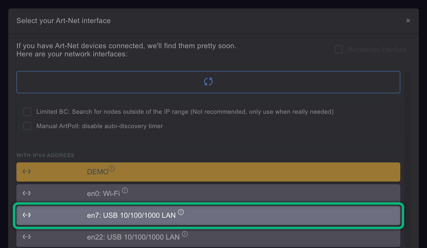 The interface list of the Art-Net dialog, with the wired interface en7: USB 10/100/1000 LAN highlighted under With IPv4 address, below the Limited BC and Manual ArtPoll options