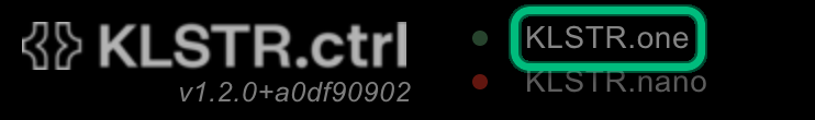KLSTR.one, highlighted, in the header with a green status dot after an interface was selected