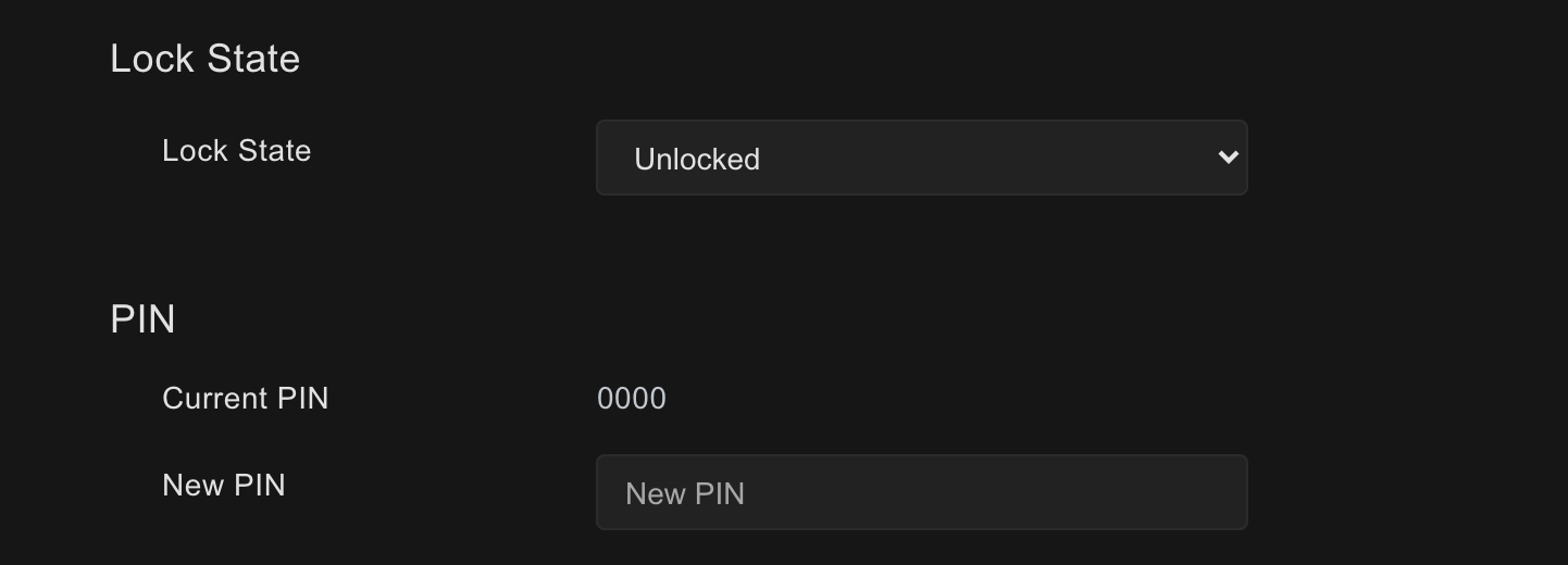 The Security tab of an RDM fixture's device configuration, with the Lock State card and the PIN card showing Current PIN and New PIN