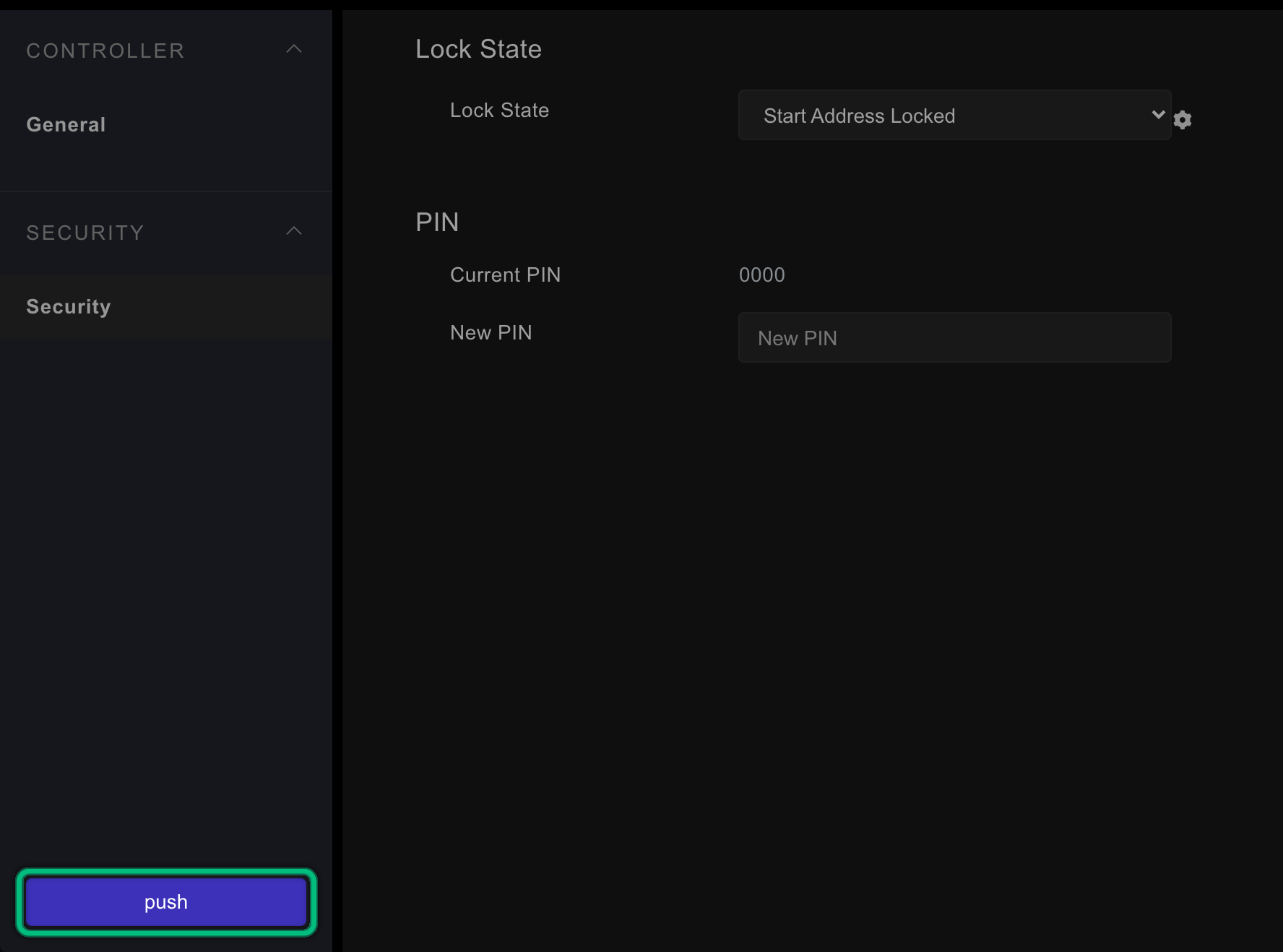The push button, highlighted, at the bottom of the sidebar, with a pending change on the Lock State dropdown