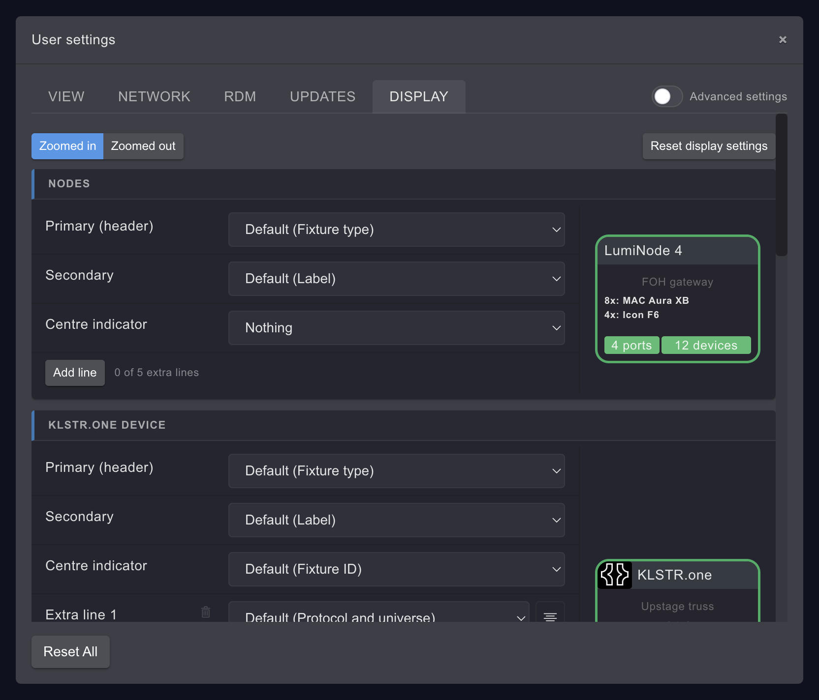 The DISPLAY tab of User settings: the Zoomed in and Zoomed out buttons and Reset display settings at the top, then the NODES and KLSTR.ONE DEVICE cards, each with its rows of dropdowns and a preview box
