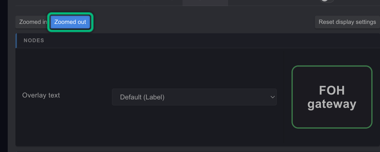 The Zoomed out button, highlighted, next to Zoomed in at the top of the DISPLAY tab, with the cards now showing their Overlay text row
