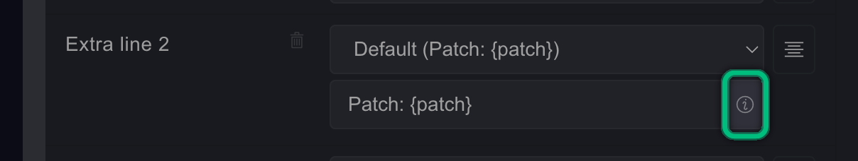 The Template help button, highlighted, at the right end of the template box of Extra line 2 of the KLSTR.ONE DEVICE card, which holds Patch: {patch}