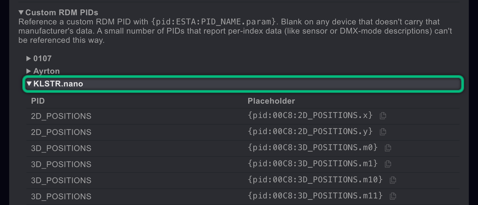 The Custom RDM PIDs section of Template help, opened on the KLSTR.nano group, highlighted, with its parameters and ready-made placeholders
