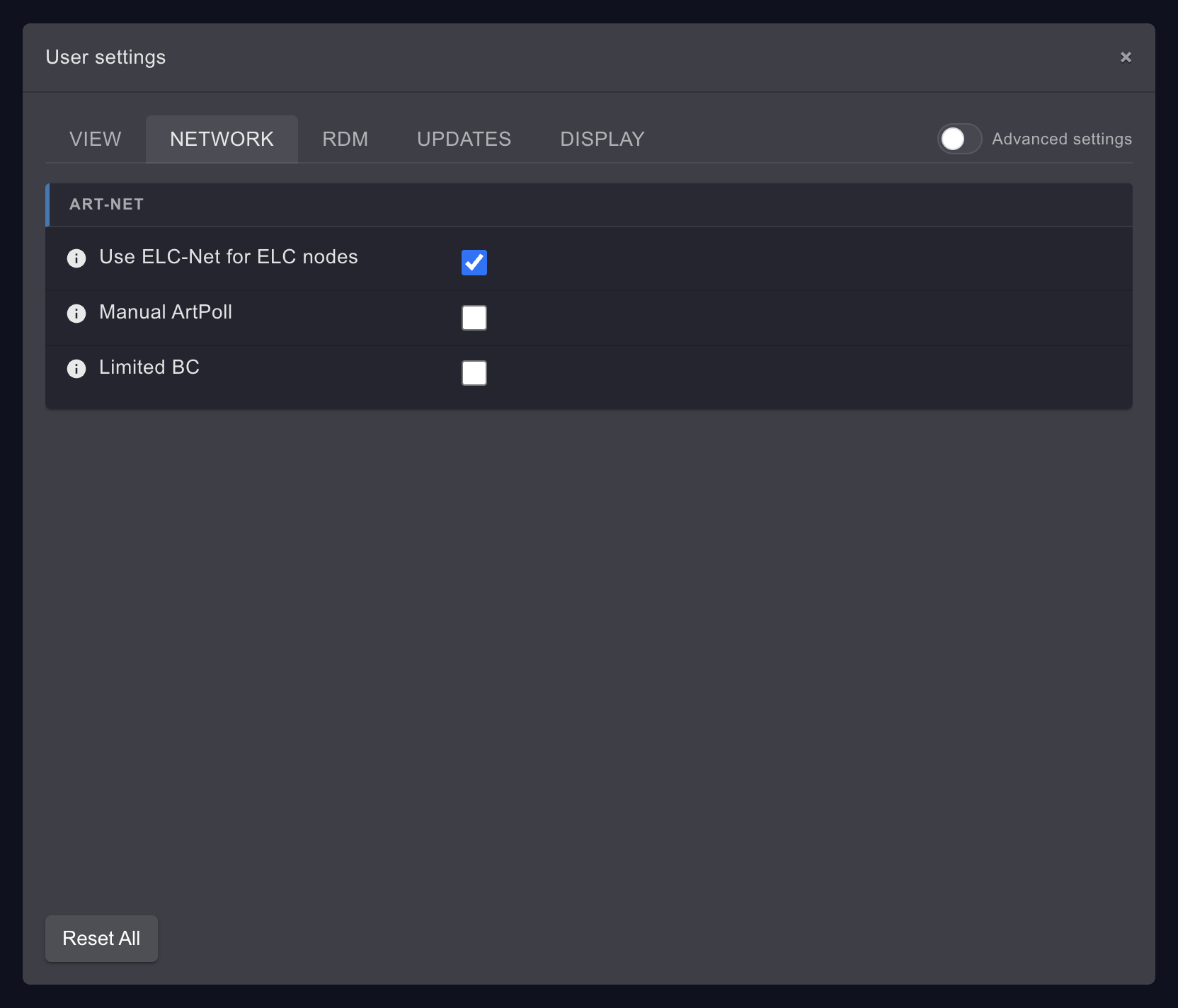 The NETWORK tab of User settings: the ART-NET card with Use ELC-Net for ELC nodes ticked, and Manual ArtPoll and Limited BC not ticked