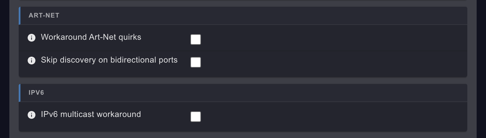 The NETWORK tab with Advanced settings on: the advanced ART-NET card with Workaround Art-Net quirks and Skip discovery on bidirectional ports, and the IPV6 card with IPv6 multicast workaround, all off