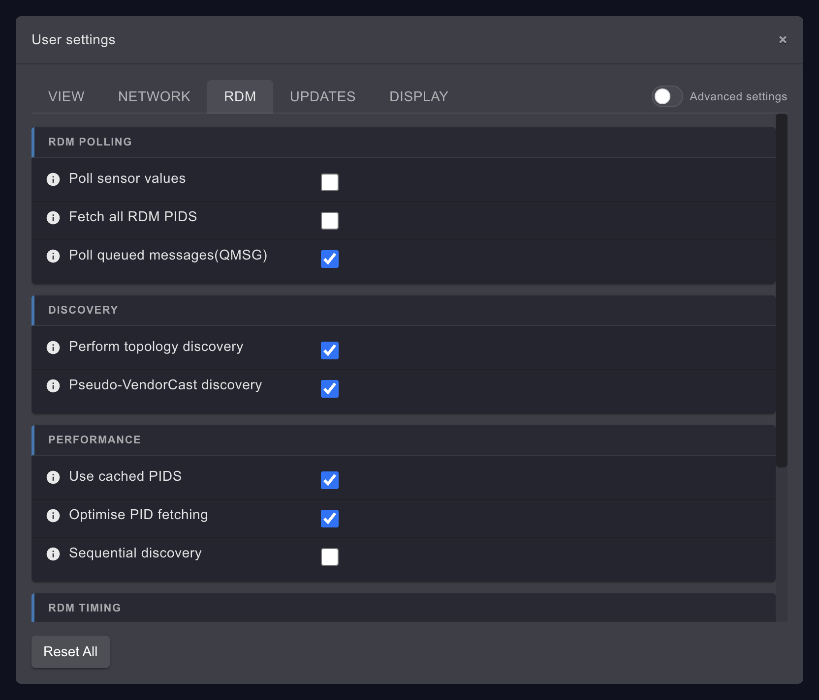 The RDM tab of User settings: the RDM POLLING, DISCOVERY and PERFORMANCE cards with their default values