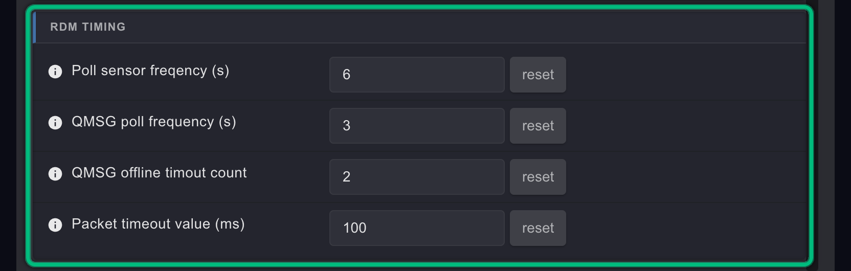 The RDM TIMING card, highlighted, with Poll sensor freqency (s) 6, QMSG poll frequency (s) 3, QMSG offline timout count 2 and Packet timeout value (ms) 100, each with a reset button