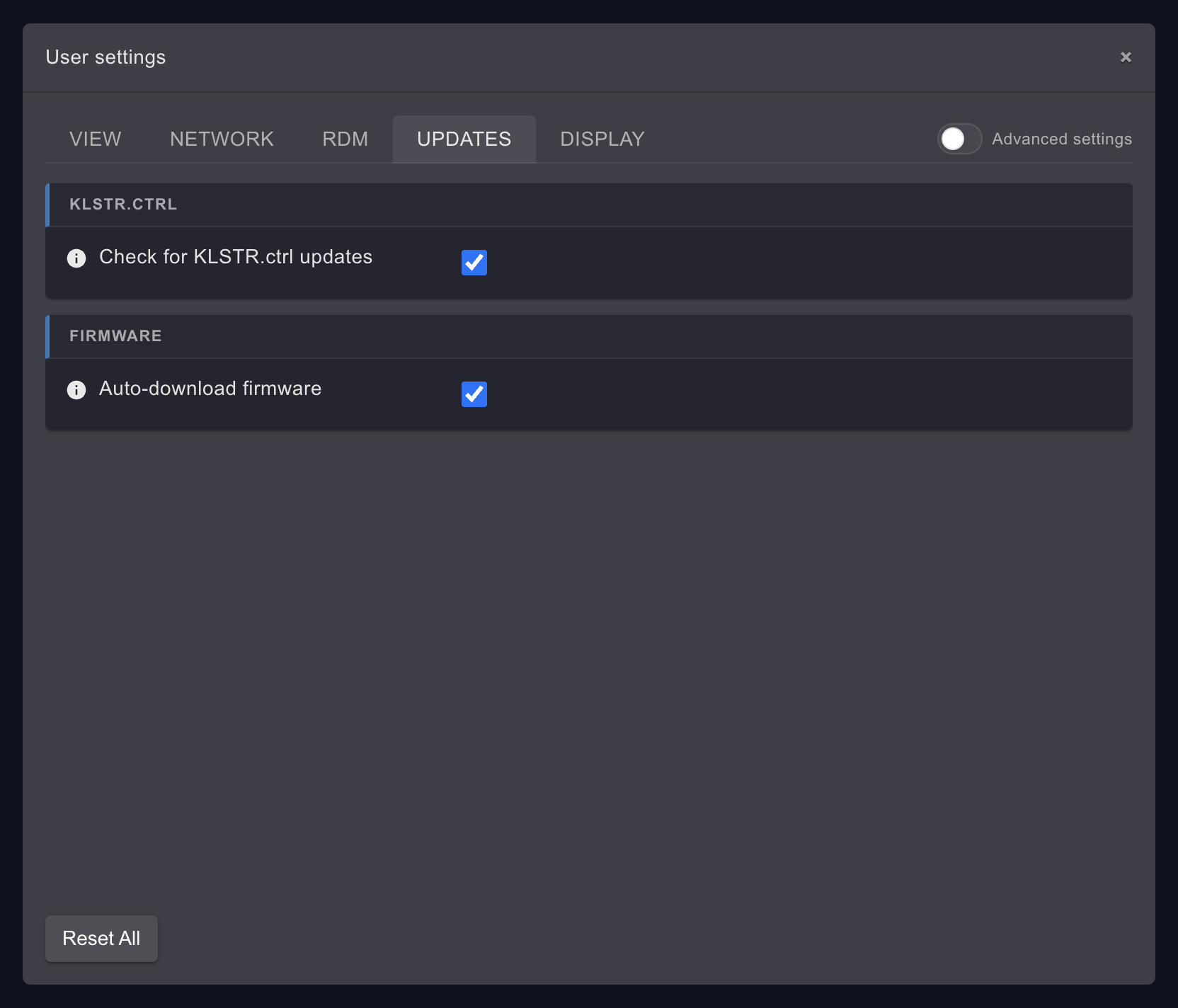 The UPDATES tab of User settings: the KLSTR.CTRL card with Check for KLSTR.ctrl updates and the FIRMWARE card with Auto-download firmware, both ticked