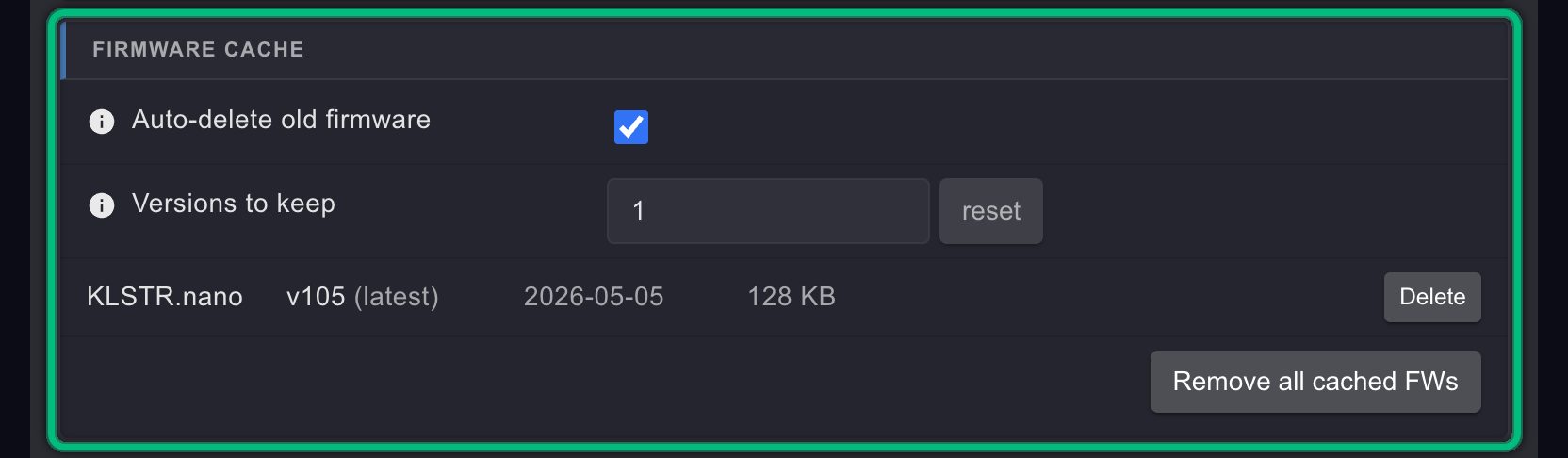 The FIRMWARE CACHE card, highlighted, with Auto-delete old firmware ticked, Versions to keep set to 1, the list of cached firmware and the Remove all cached FWs button