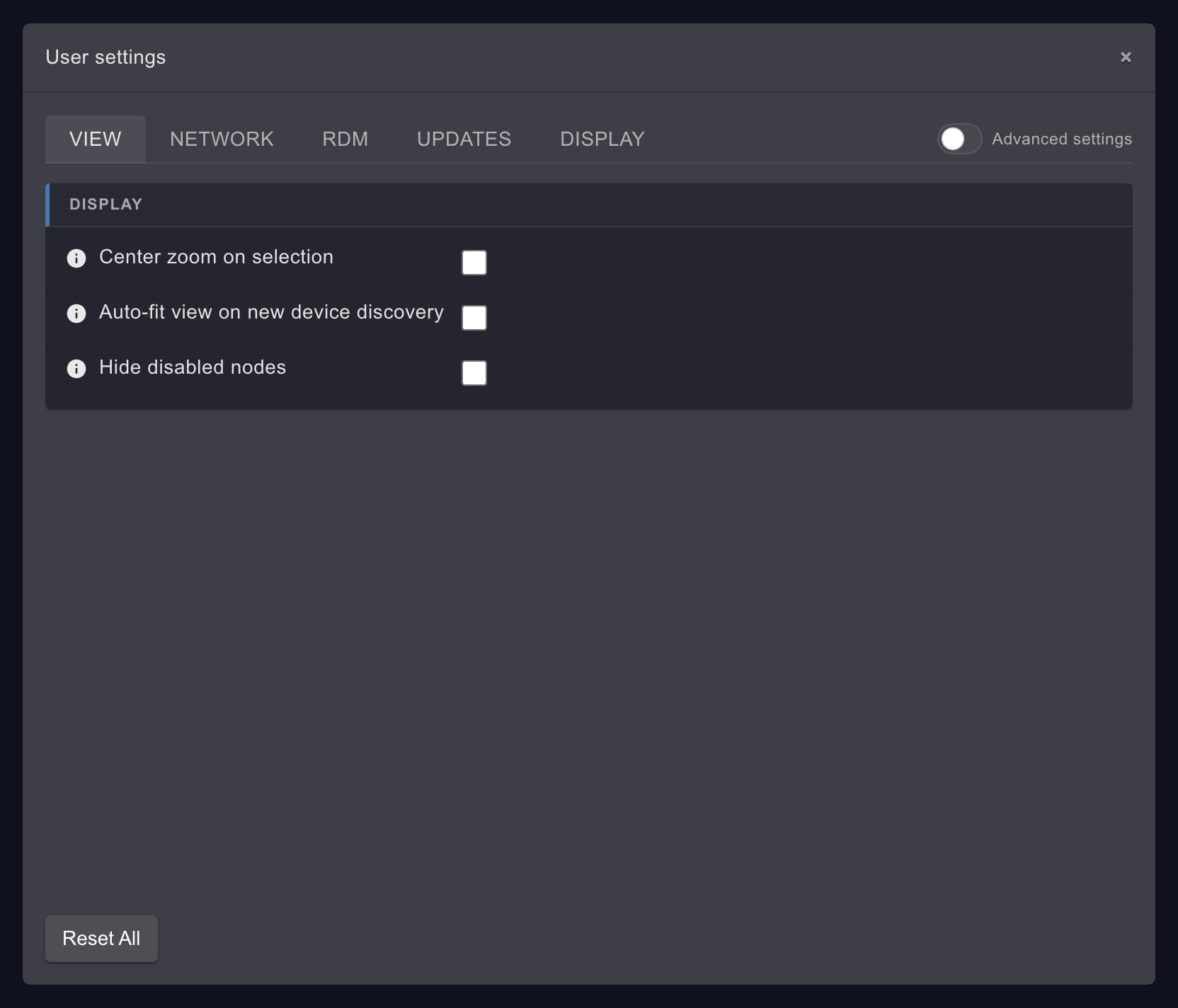 The User settings window on the VIEW tab, with the DISPLAY card listing Center zoom on selection, Auto-fit view on new device discovery and Hide disabled nodes, all off