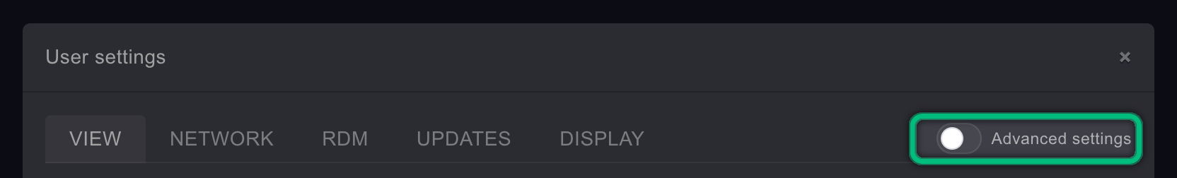 The Advanced settings switch, highlighted, at the right end of the tab row, switched off