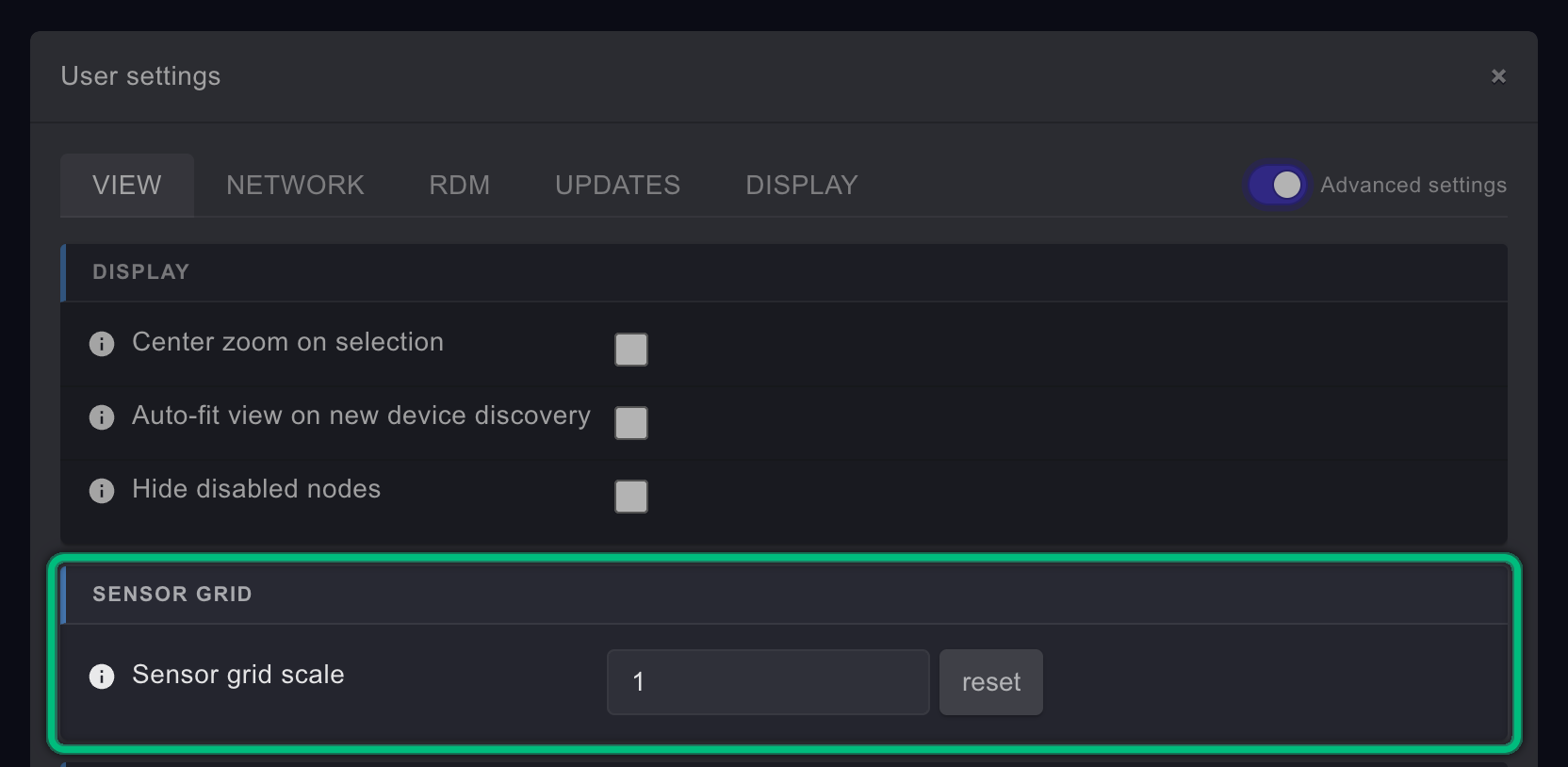 The VIEW tab with Advanced settings on: the SENSOR GRID card, highlighted, with Sensor grid scale set to 1, below the DISPLAY card