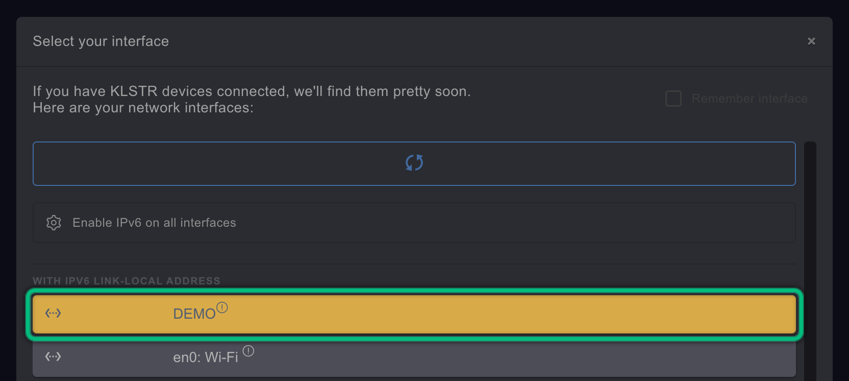 The yellow DEMO entry, highlighted, at the top of the interface list in the interface dialog