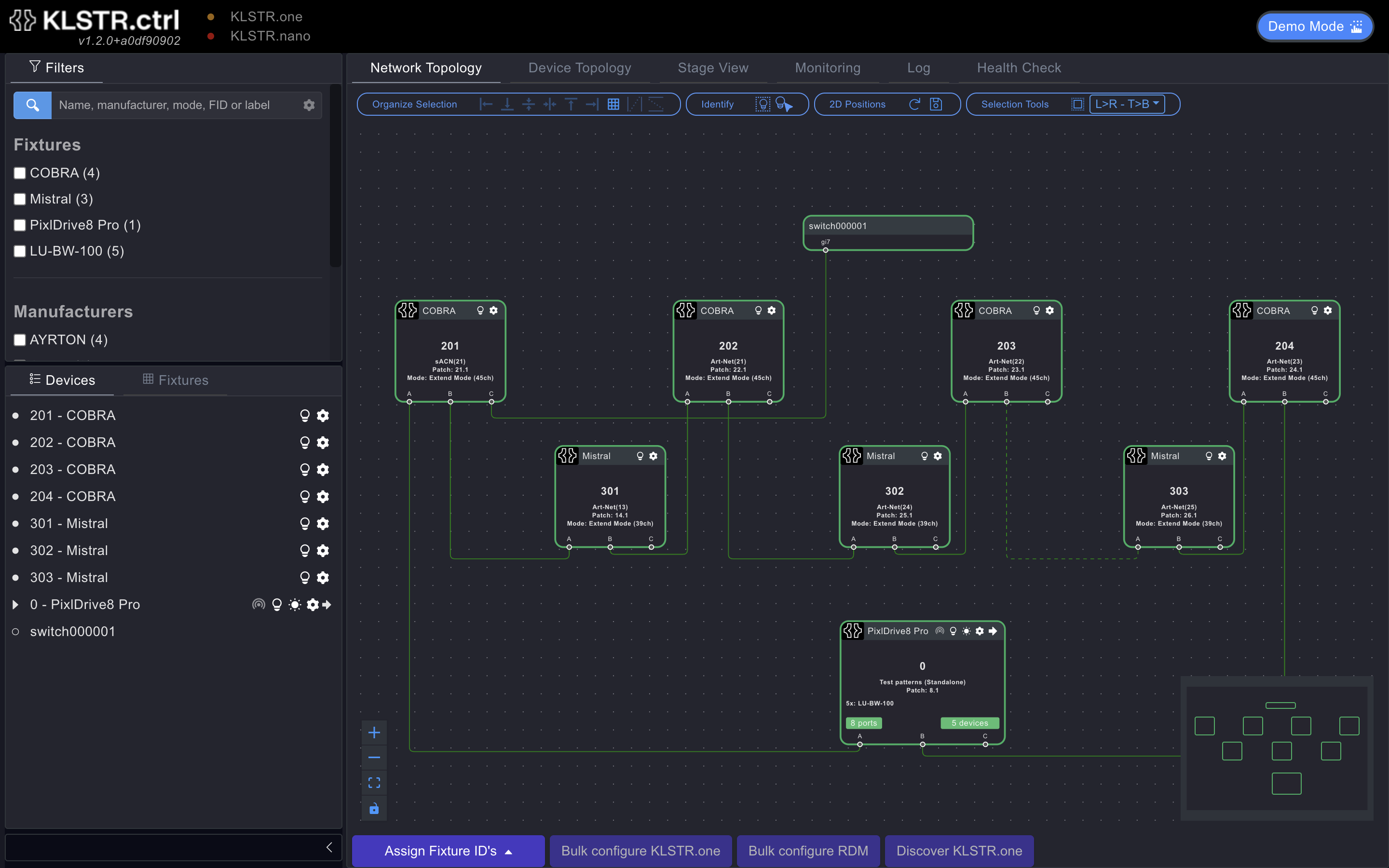 The Network Topology tab with the KLSTR.one demo rig: fixture boxes connected by network links, the sidebar on the left and the toolbar at the bottom