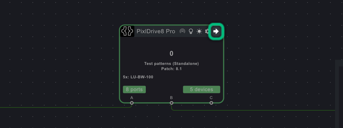 The Show in detail view arrow, highlighted, at the right end of the title bar of the PixlDrive8 Pro node