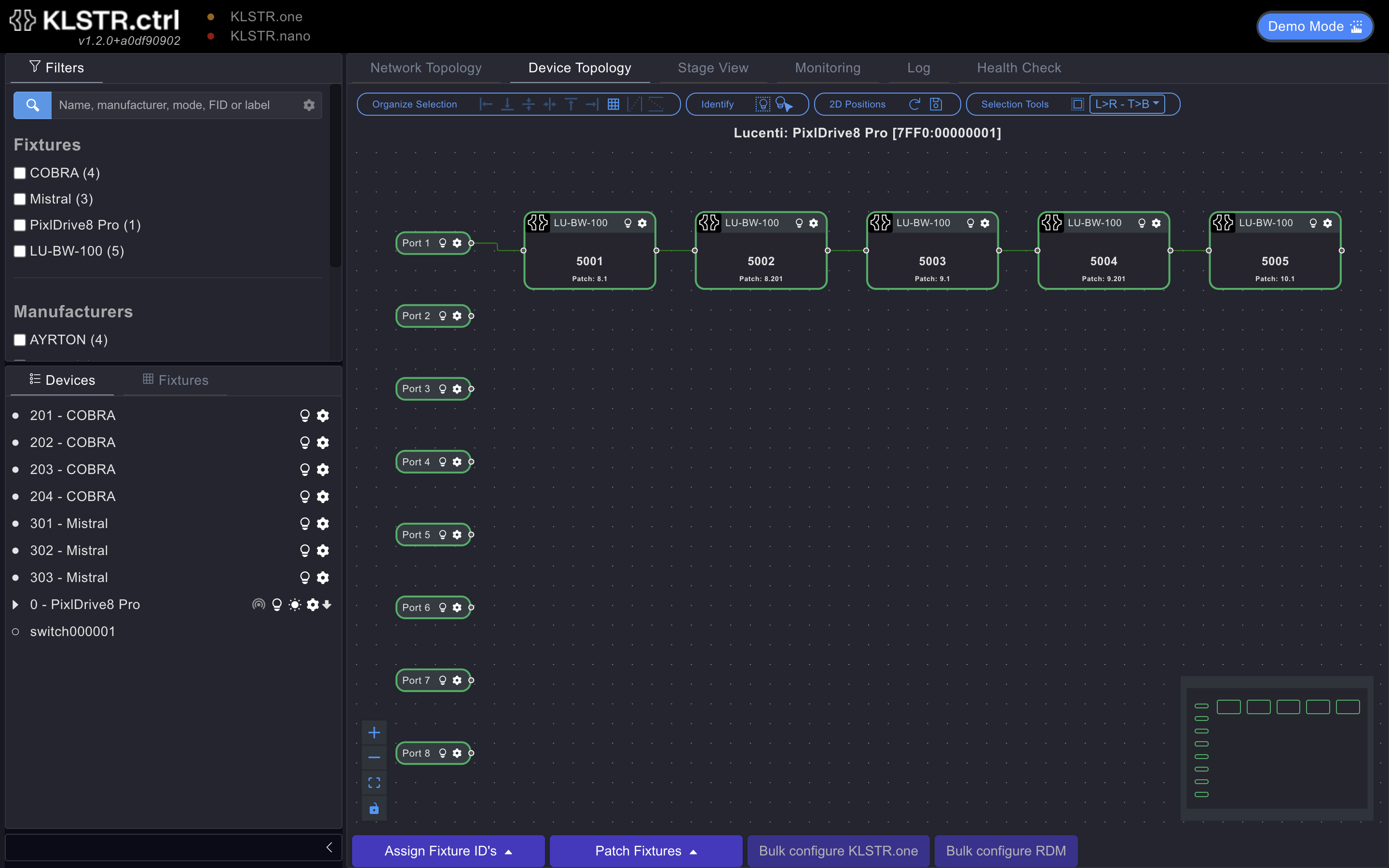 The Device Topology tab showing the PixlDrive8 Pro: its ports and the LU-BW-100 fixtures behind them