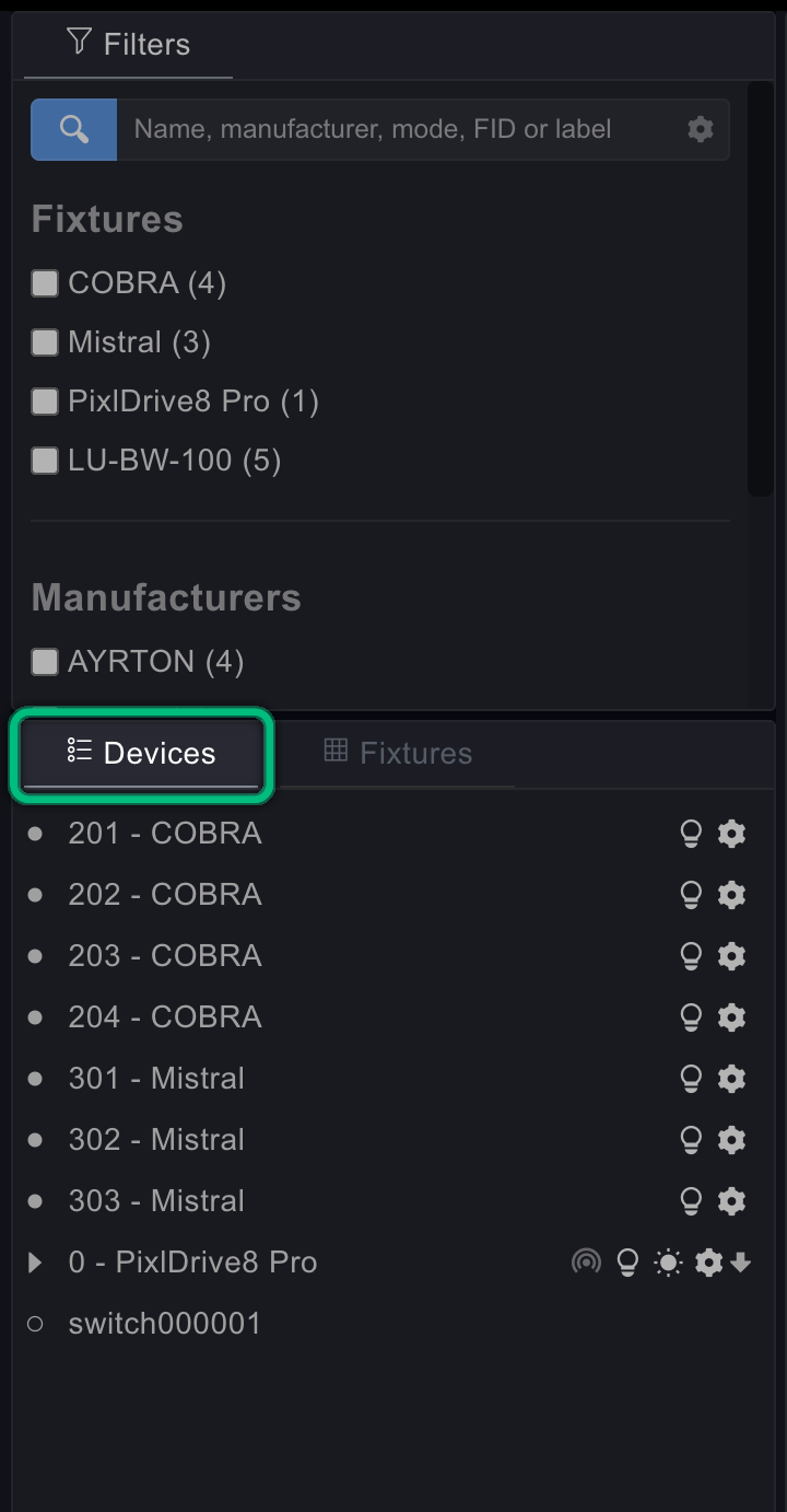 The Devices tab, highlighted, in the sidebar below Filters and next to Fixtures, above the tree of demo devices