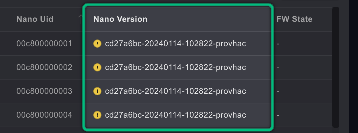The Nano Version column of the Upgrade Nano Firmware dialog, highlighted, listing the firmware version each KLSTR.nano reports with an amber badge