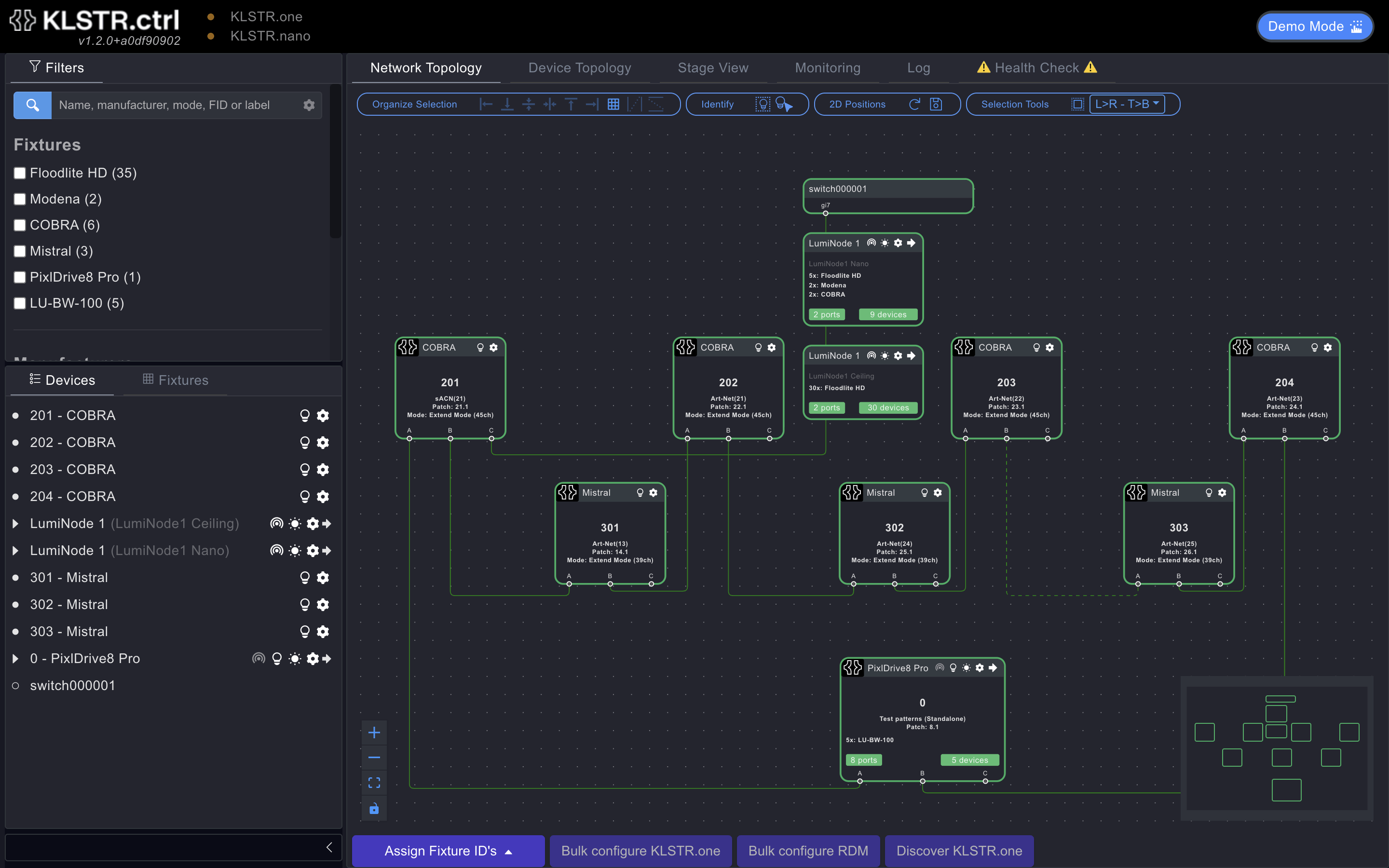 The KLSTR.ctrl main window with a demo rig: the header at the top, the tabs below it, the sidebar on the left, the Network Topology with its toolbar above and below the view
