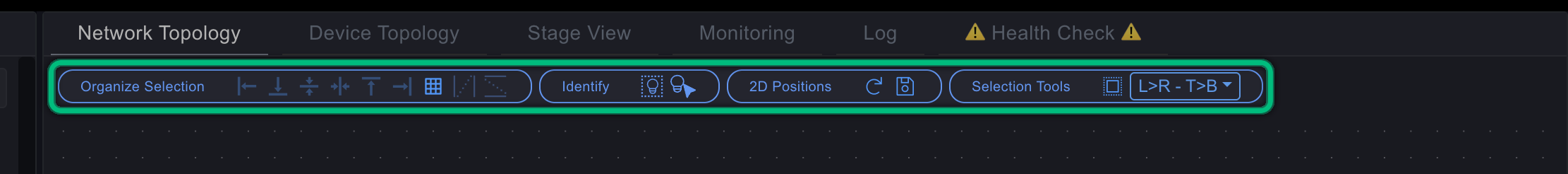 The toolbar above the view, highlighted, with the Organize Selection, Identify, 2D Positions and Selection Tools groups