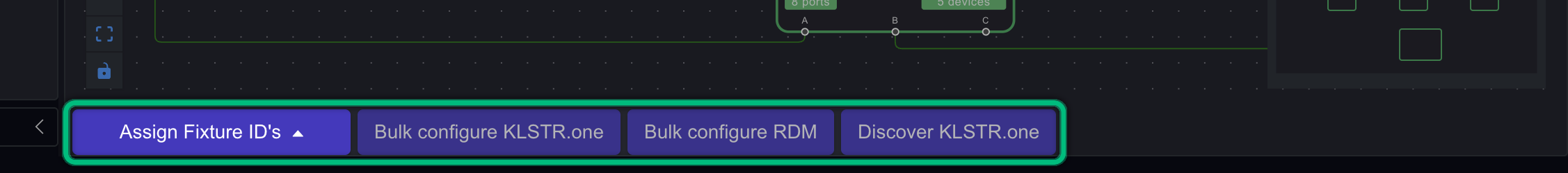The toolbar below the view, highlighted, with Assign Fixture ID's, Bulk configure KLSTR.one and Bulk configure RDM