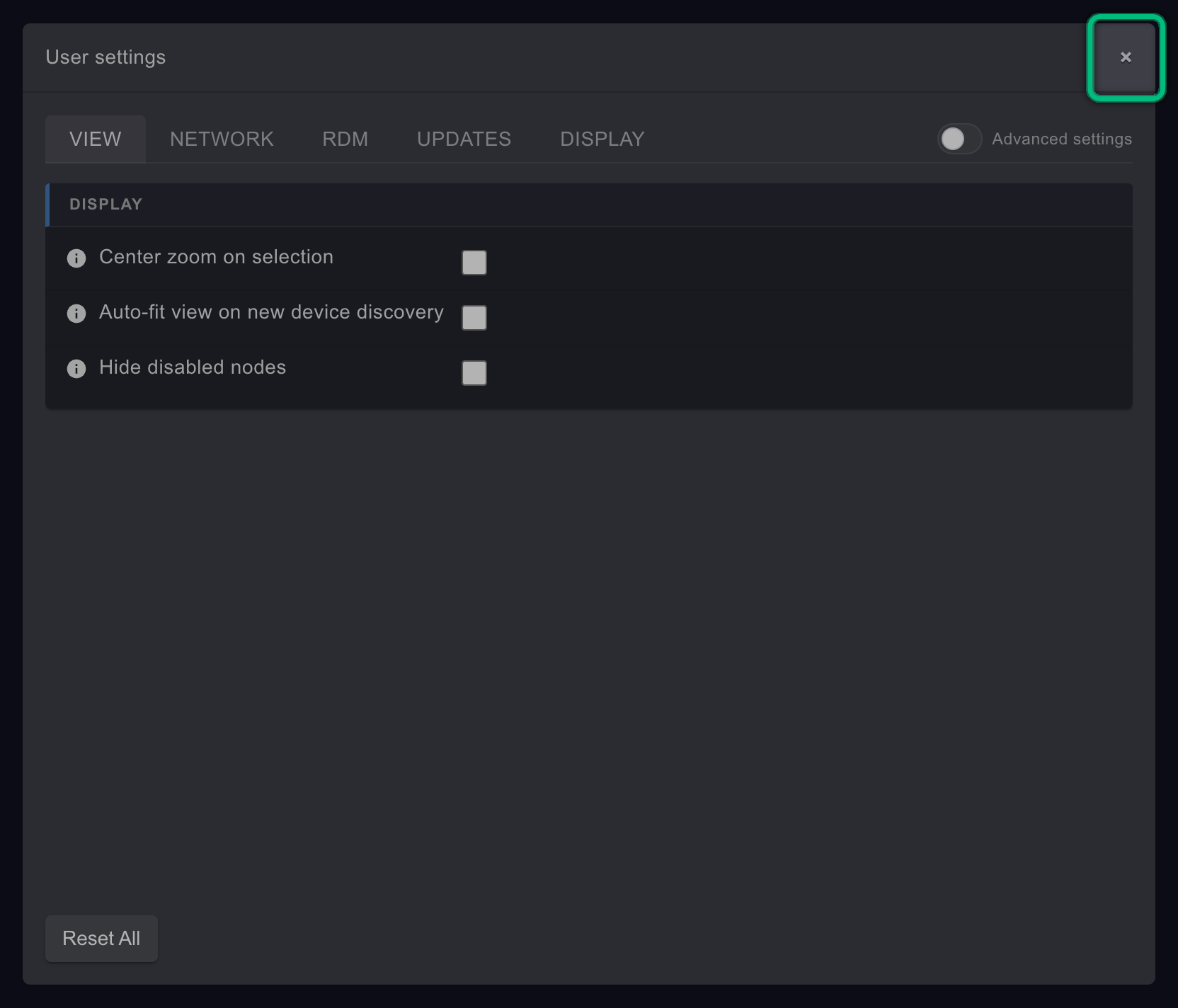 The User settings dialog, with its close button, highlighted, in the top-right corner